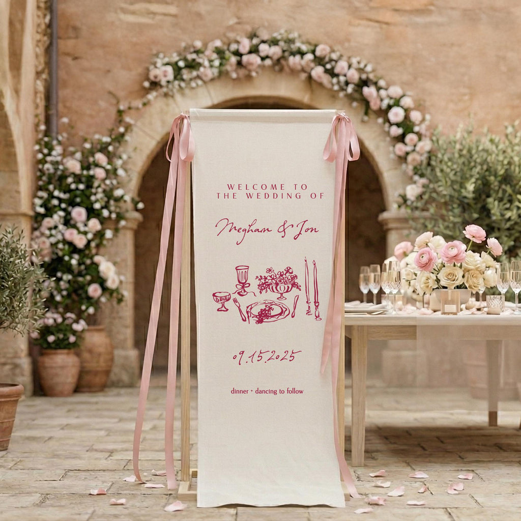 Neutral Wedding Welcome Sign, Linen Fabric Banner, Minimal Bridal Decor