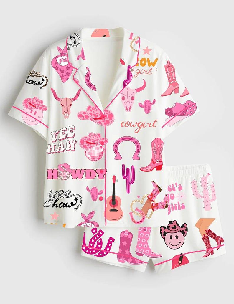 Cowgirl Pajama Set Women, Western Sleepwear, Rodeo Boots Pink Pajamas Gift