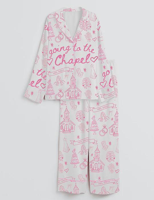 Wedding Morning Pajama Set for Bride, Bridal Getting Ready Outfit, Chapel Theme Sleepwear