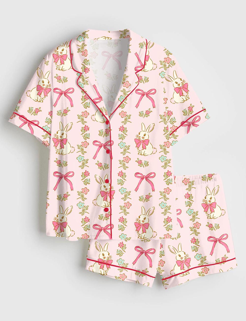 Easter Bunny Pajamas Women, Spring Rabbit Sleepwear, Pink Bow Floral Lounge Outfit