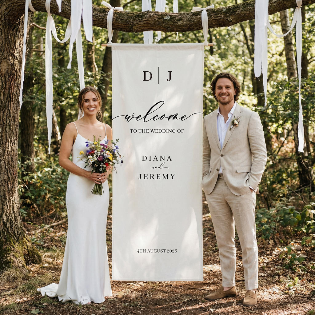 Custom Wedding Welcome Sign | Vertical Fabric Wedding Banner | Personalized Names & Date Backdrop | Rustic Outdoor Ceremony Decor