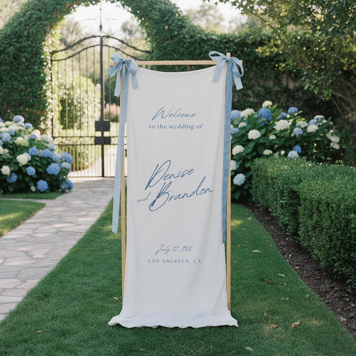 Custom Linen Wedding Banner, Fabric Welcome Sign for Reception, Boho Engagement Party with Name, White Minimalist Wedding Ceremony Decor
