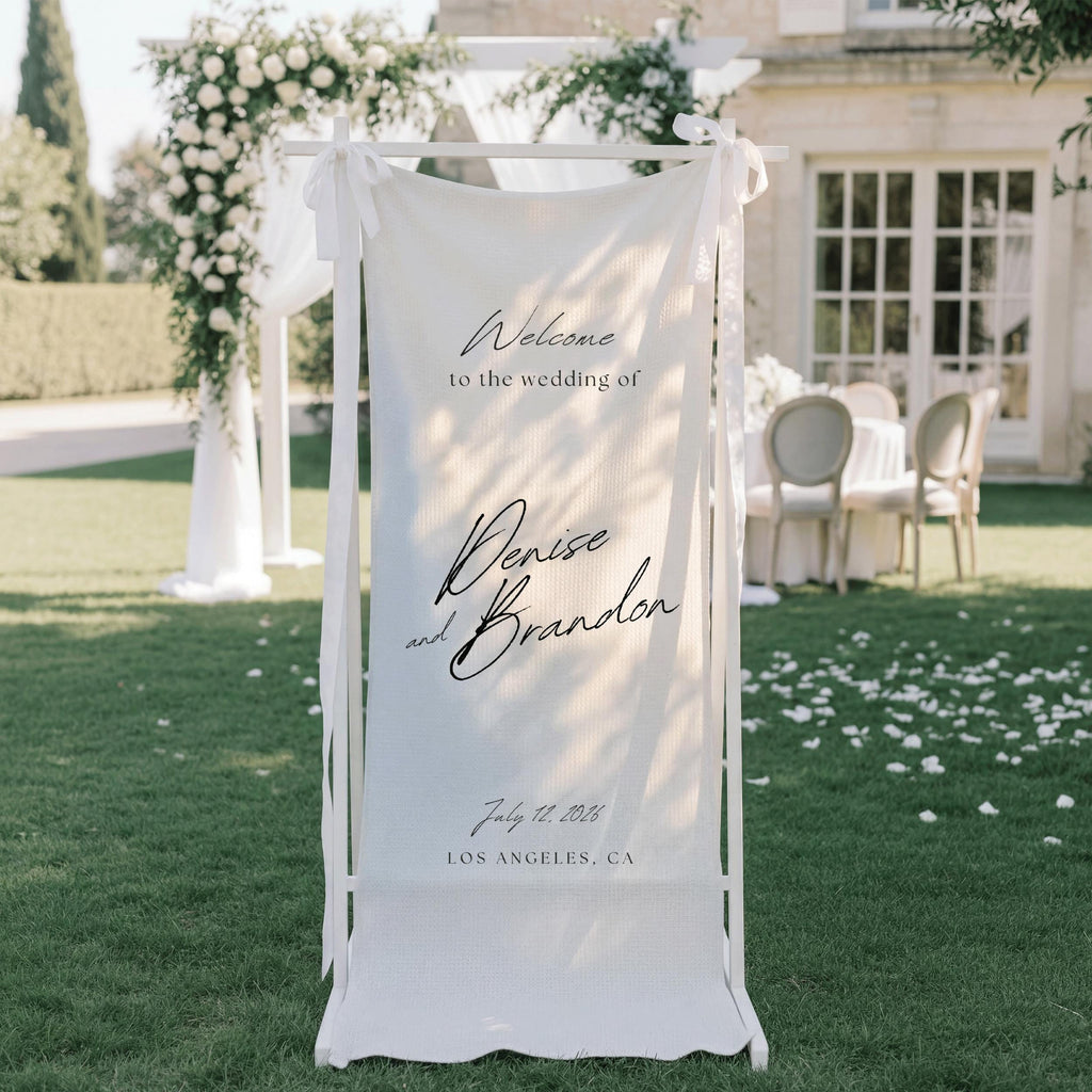 Custom Linen Wedding Banner, Fabric Welcome Sign for Reception, Boho Engagement Party with Name, White Minimalist Wedding Ceremony Decor