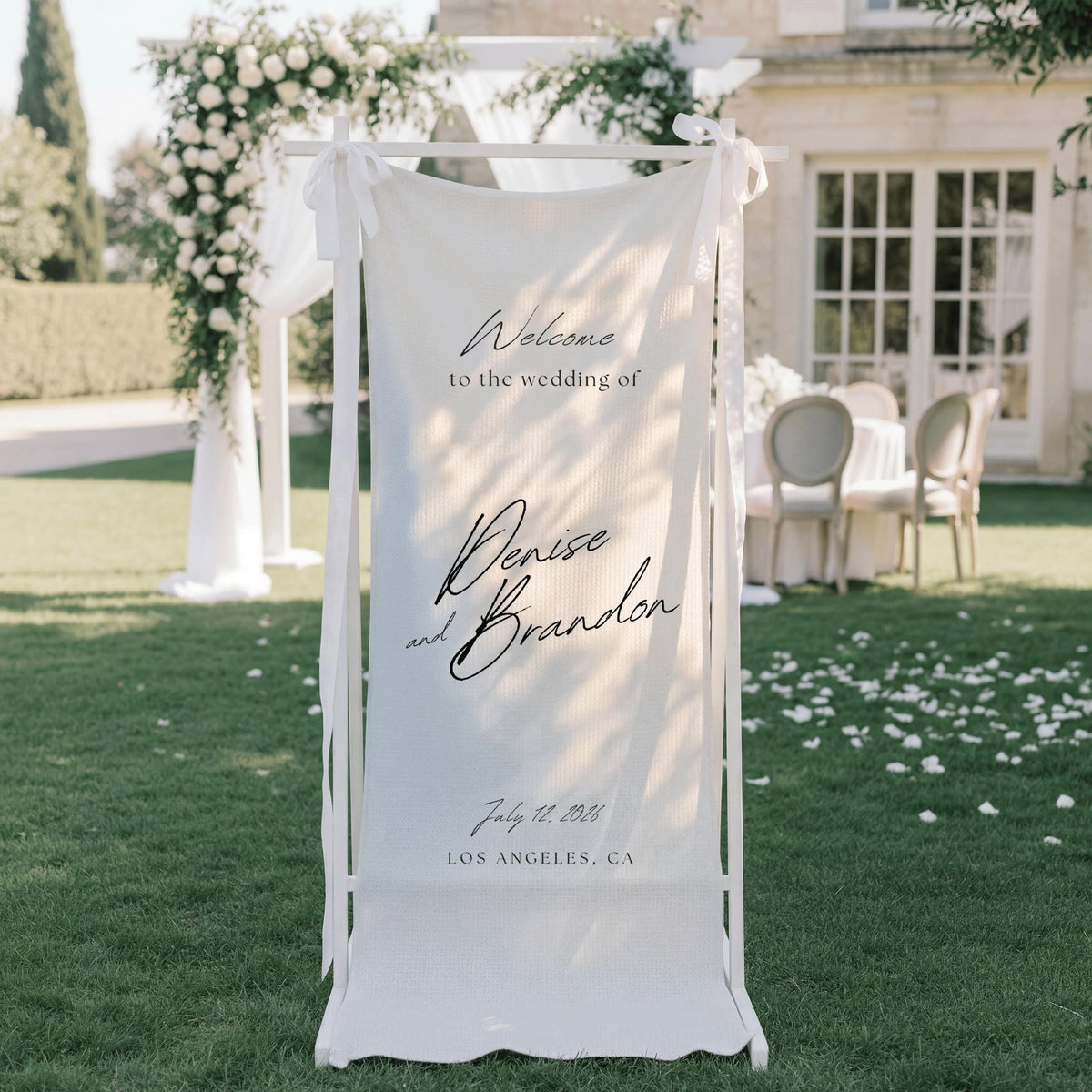 Custom Linen Wedding Banner, Fabric Welcome Sign for Reception, Boho Engagement Party with Name, White Minimalist Wedding Ceremony Decor