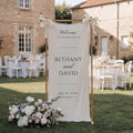 Custom Vertical Wedding Welcome Sign, Personalized Linen Banner with Names for Reception, Rehearsal Dinner, Engagement Party, Anniversary