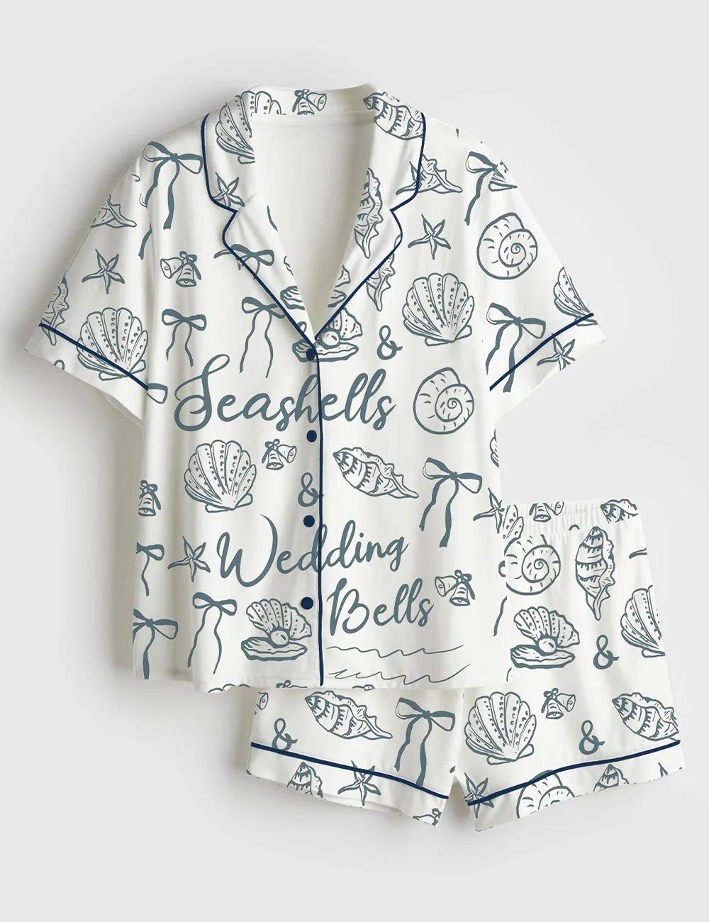 Seashells and Wedding Bells Satin Pajama Set, Coastal Bridal Party Silk Pjs, Short Sleeve Luxury Sleepwear, Beach Wedding Bride Lounge