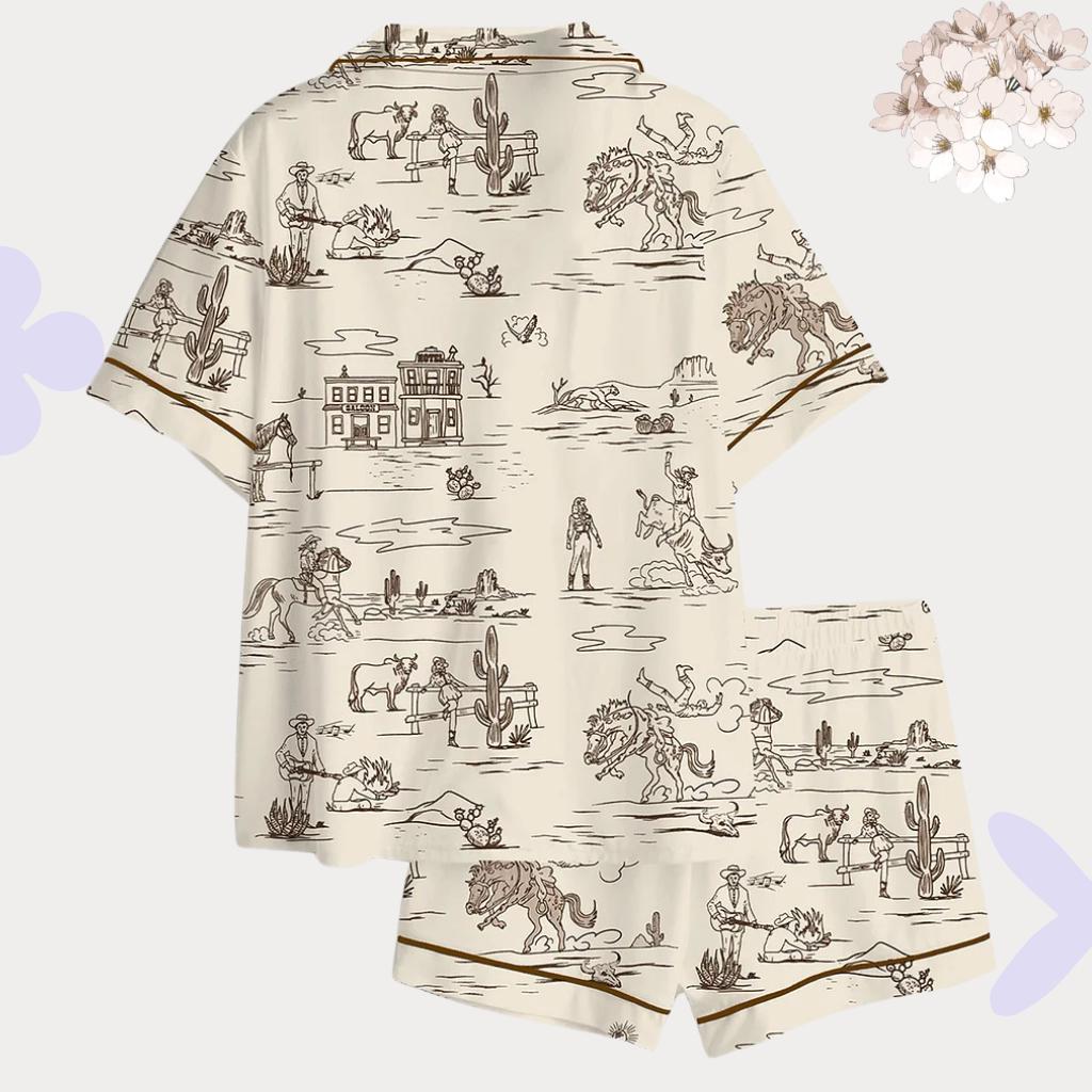 Western Cowboy Pajama Set – Vintage Toile Sleepwear – Nashville Bachelorette Gift – Bridal Party Outfit