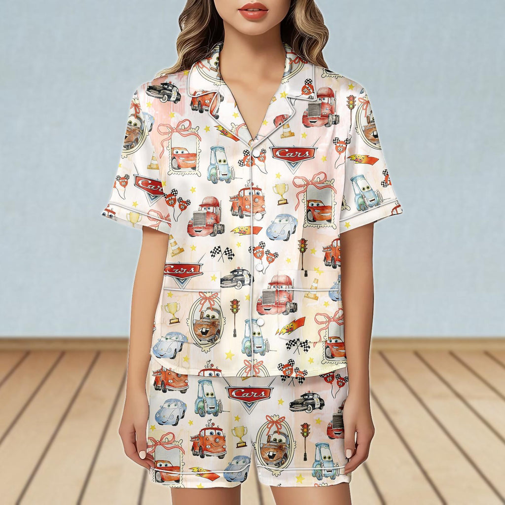 Watercolor Coquette Disney Cars Satin Pajamas Set, Lightning McQueen Mater Doc Hudson Sally Carrera Women Pjs, Disney Girl Trip Gift