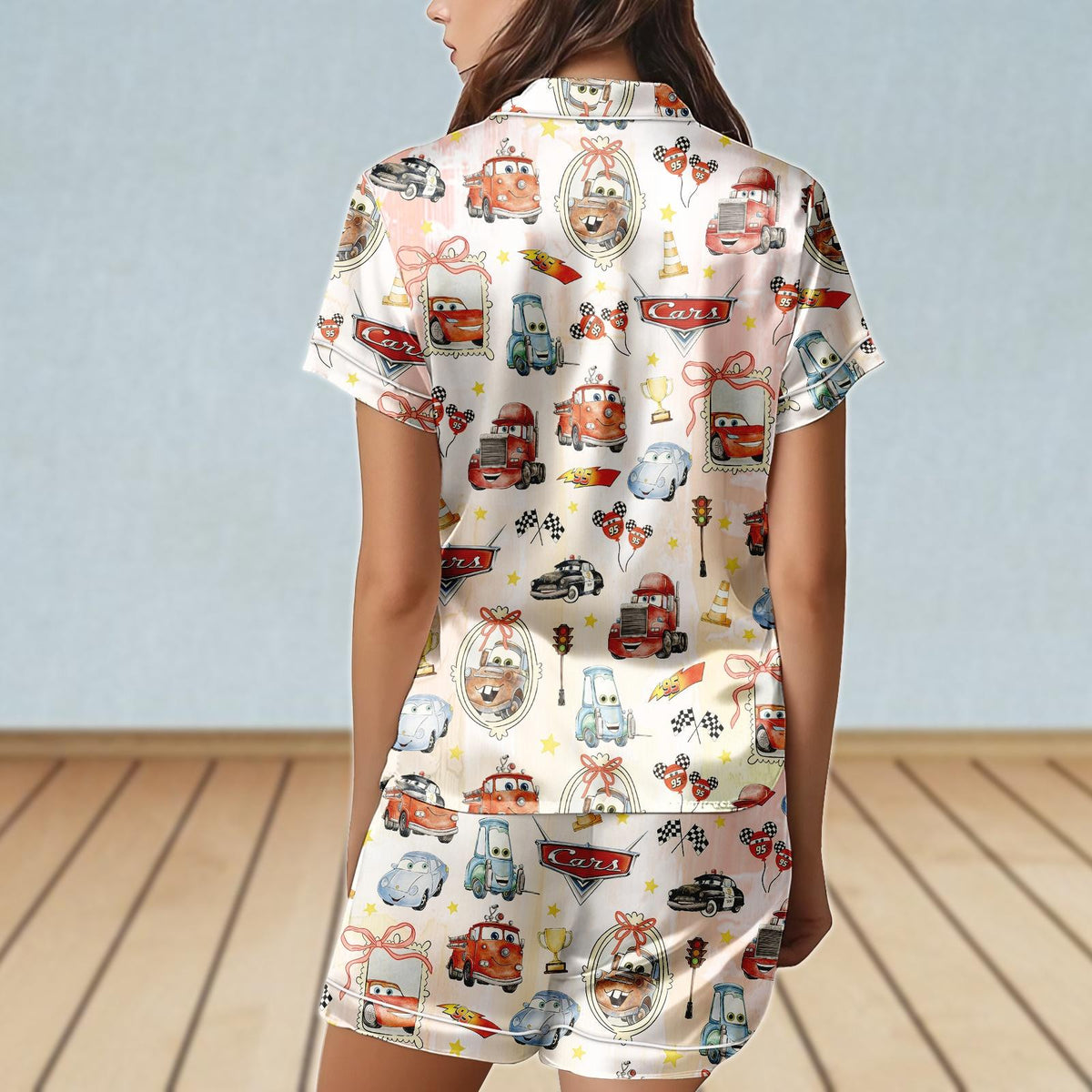 Watercolor Coquette Disney Cars Satin Pajamas Set, Lightning McQueen Mater Doc Hudson Sally Carrera Women Pjs, Disney Girl Trip Gift