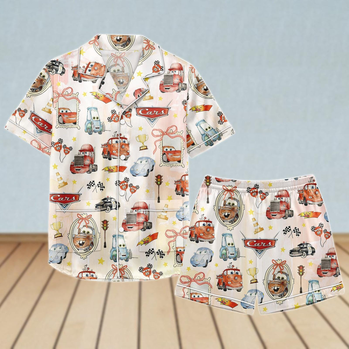 Watercolor Coquette Disney Cars Satin Pajamas Set, Lightning McQueen Mater Doc Hudson Sally Carrera Women Pjs, Disney Girl Trip Gift