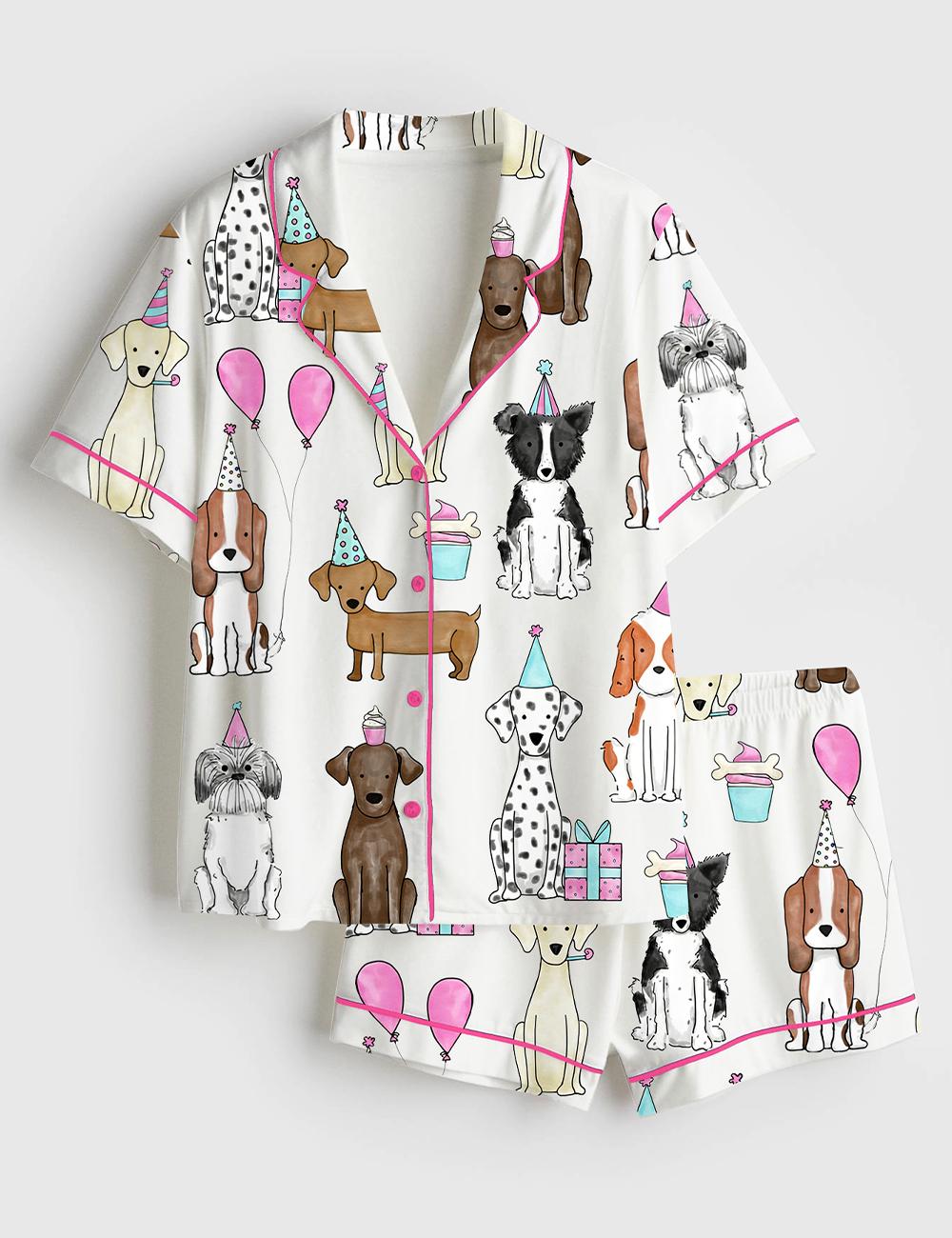 Dog Birthday Pajama Set Women Satin Sleepwear Puppy Party Loungewear