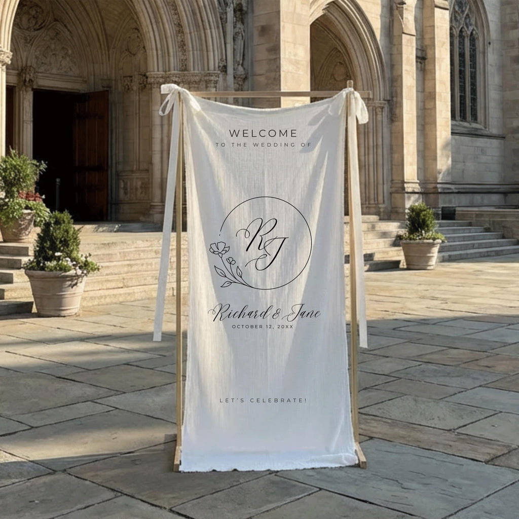 Personalized Linen Wedding Welcome Sign with Couple Emblem, Custom Bride and Groom Logo Wedding Banner, Monogram Engagement Party Decor