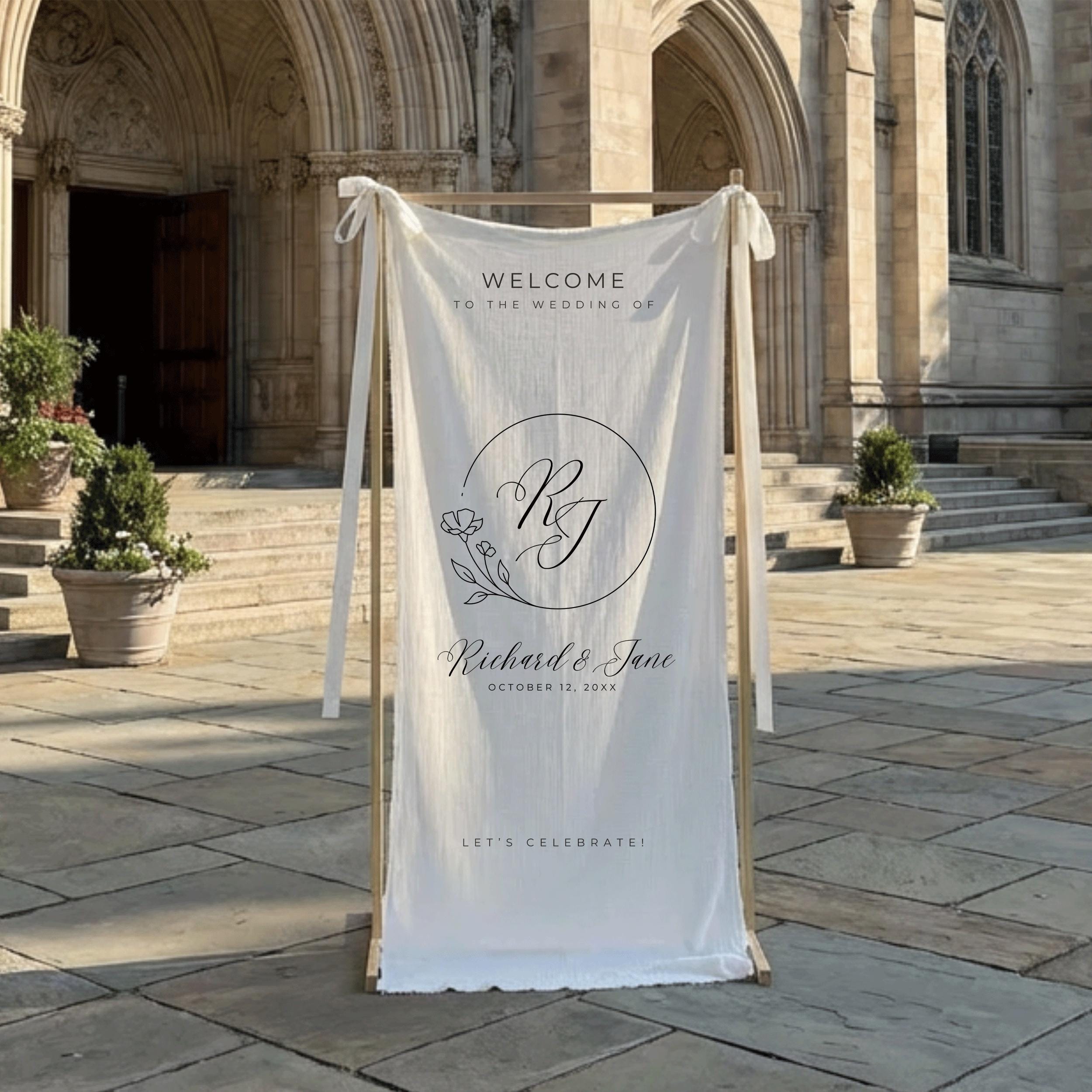 Personalized Linen Wedding Welcome Sign with Couple Emblem, Custom Bride and Groom Logo Wedding Banner, Monogram Engagement Party Decor