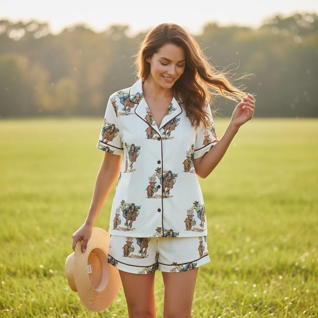 Cowboy Horse Pajama Set Women Western Easter Sleepwear Gift
