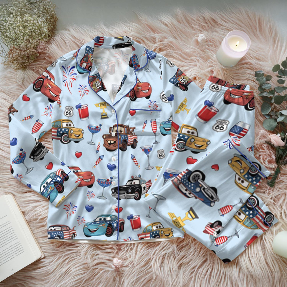 Disney Cars Lightning McQueen Patriotic Pajama Set, Route 66 Cartoon Sleepwear, Fourth of July Family Pajamas,Cars Character Loungewear Gift