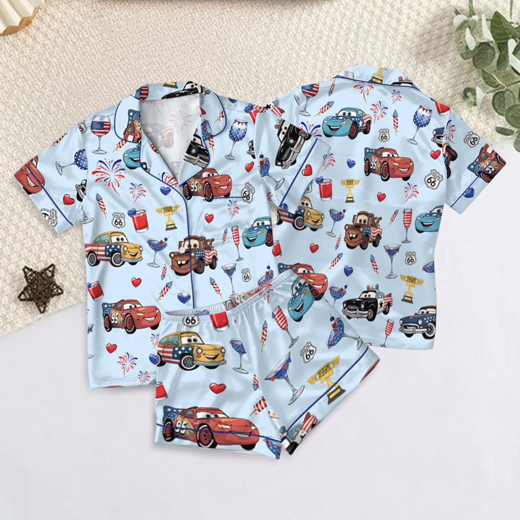 Disney Cars Lightning McQueen Patriotic Pajama Set, Route 66 Cartoon Sleepwear, Fourth of July Family Pajamas,Cars Character Loungewear Gift