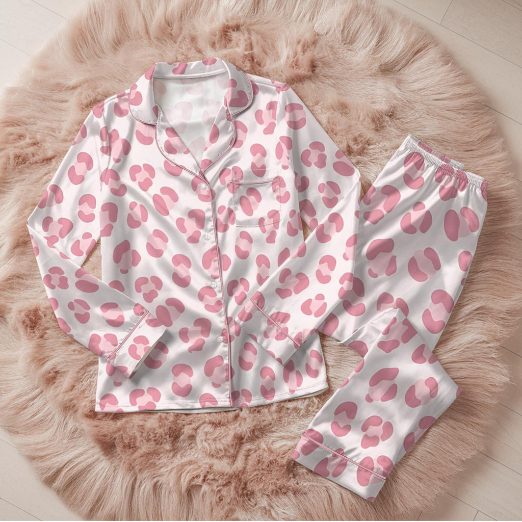 Pink Leopard Print Satin Pajama Set, Cute Animal Print Button Pajamas, Womens Sleepwear Set, Cozy Loungewear Gift For Her