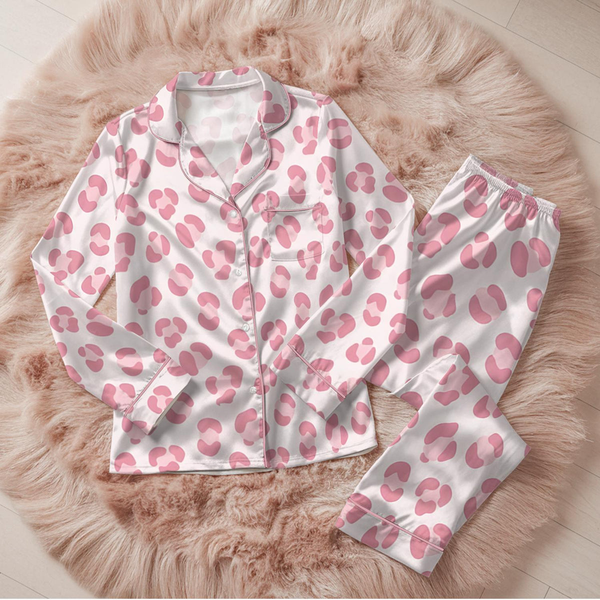 Pink Leopard Print Satin Pajama Set, Cute Animal Print Button Pajamas, Womens Sleepwear Set, Cozy Loungewear Gift For Her