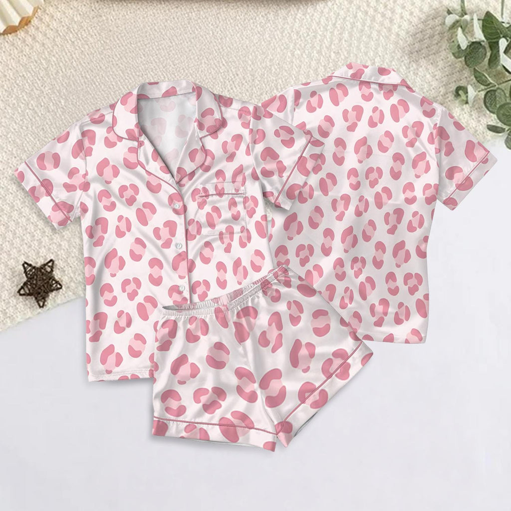 Pink Leopard Print Satin Pajama Set, Cute Animal Print Button Pajamas, Womens Sleepwear Set, Cozy Loungewear Gift For Her