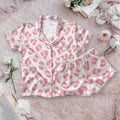 Pink Leopard Print Satin Pajama Set, Cute Animal Print Button Pajamas, Womens Sleepwear Set, Cozy Loungewear Gift For Her