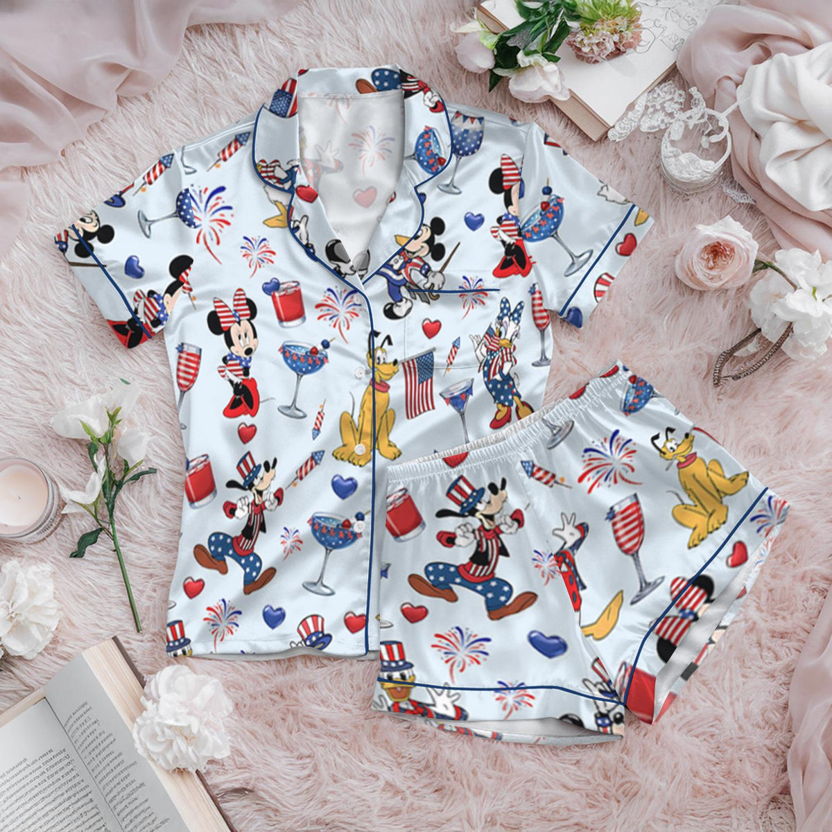 Disney Mickey Minnie Pluto Patriotic Pajama Set, Mickey and Friends Button Pajamas, Fourth of July Family Sleepwear, Cartoon Loungewear Gift