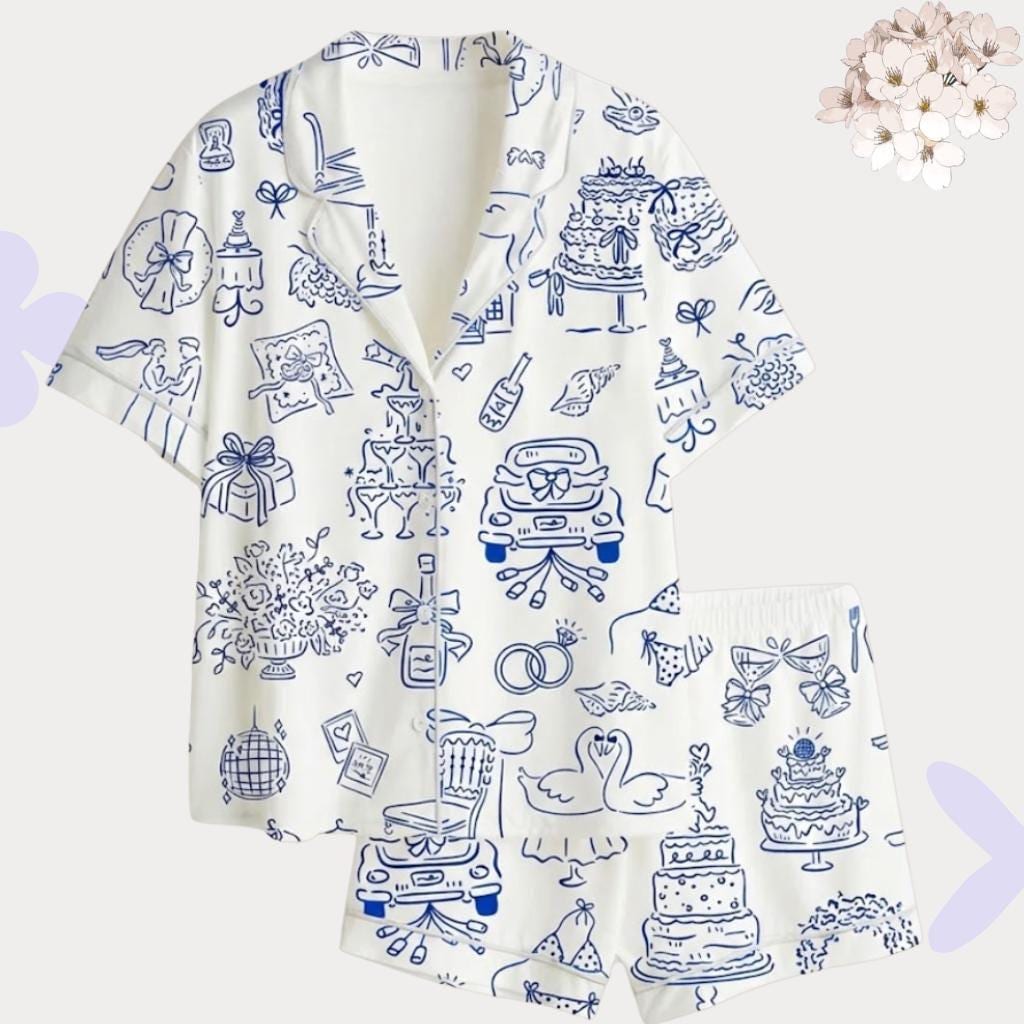 Wedding Toile Pajamas Set – Blue and White Bridal PJs – Bachelorette Party & Getting Ready Outfit