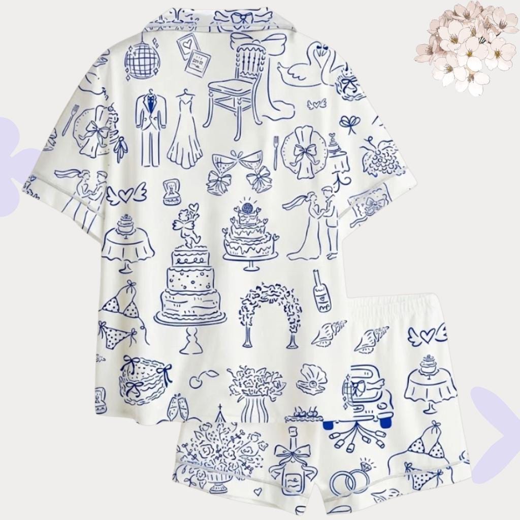 Wedding Toile Pajamas Set – Blue and White Bridal PJs – Bachelorette Party & Getting Ready Outfit
