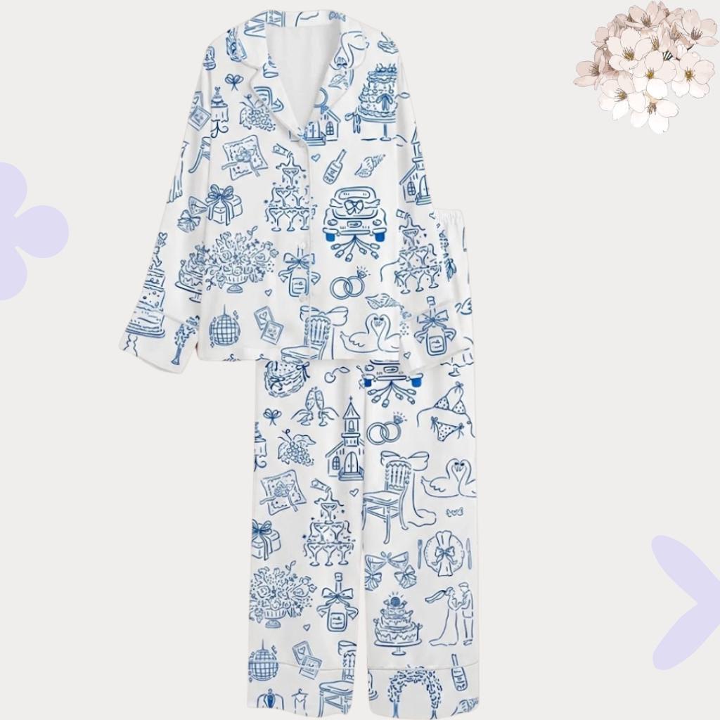 Wedding Toile Pajamas Set – Blue and White Bridal PJs – Bachelorette Party & Getting Ready Outfit