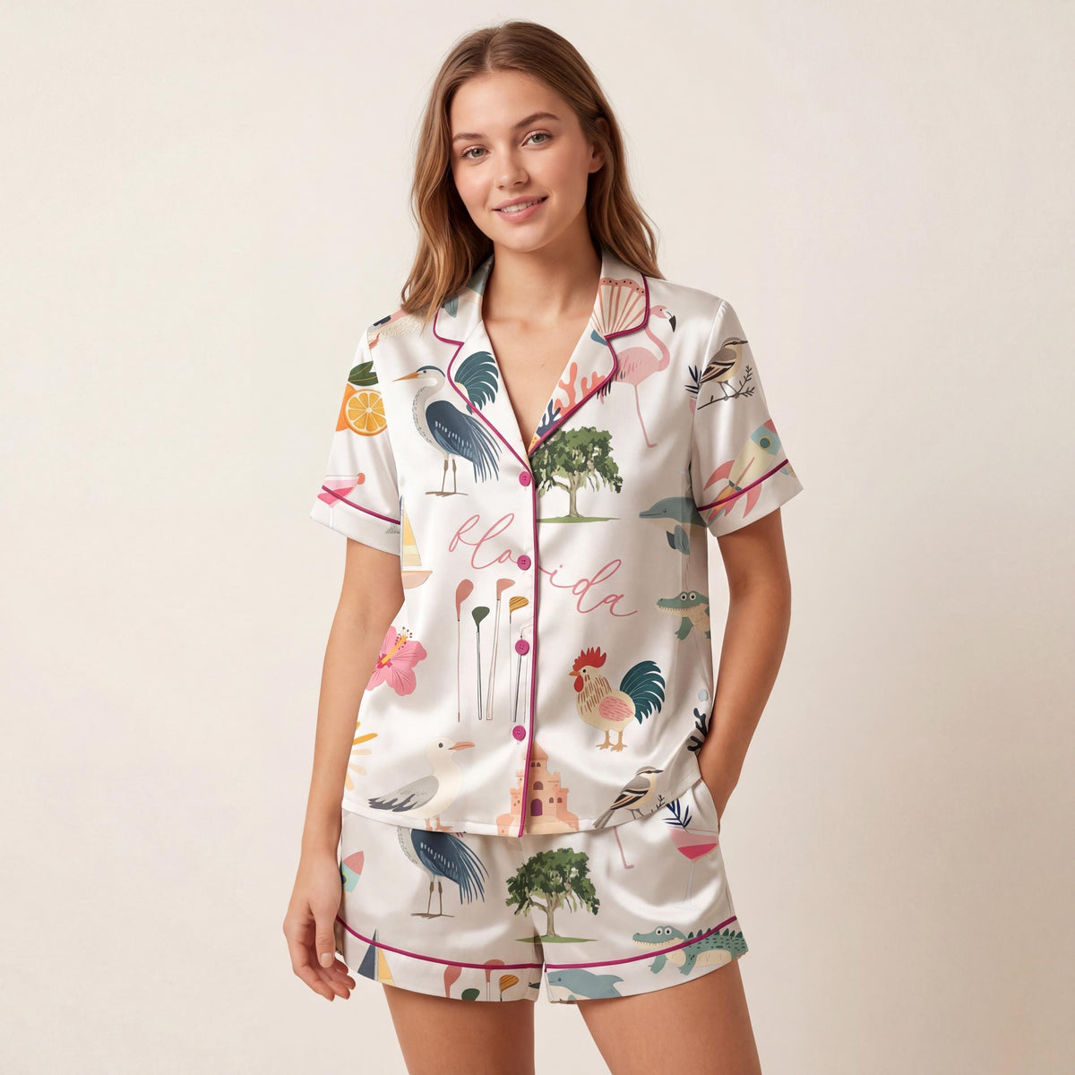 Tropical Pajama Set Women, Printed Summer Sleepwear Lounge Set