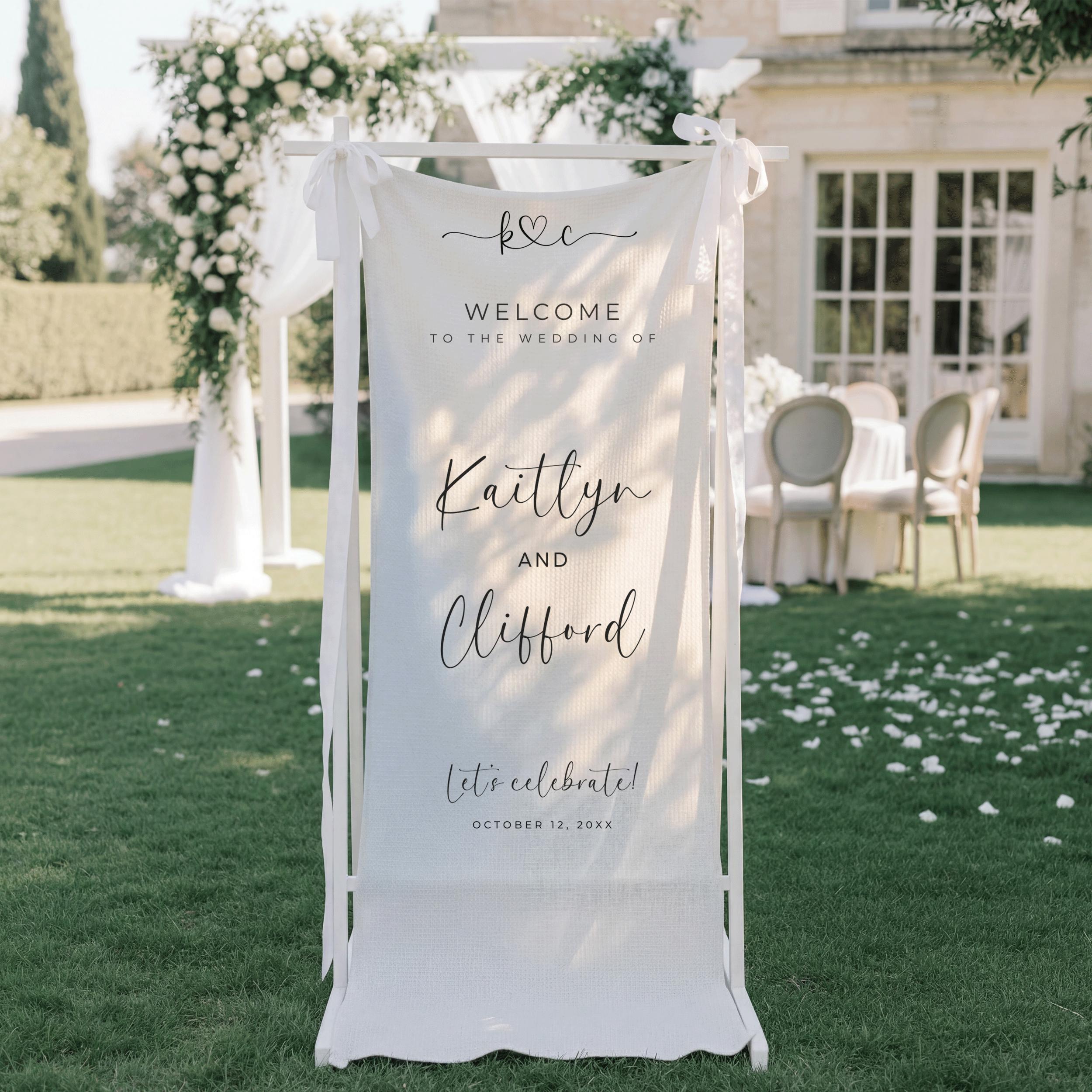 Custom Outdoor Wedding Vertical Banner, Personalized Linen Wedding Reception Welcome Sign, Minimalist Boho Fabric Rehearsal Dinner Signage