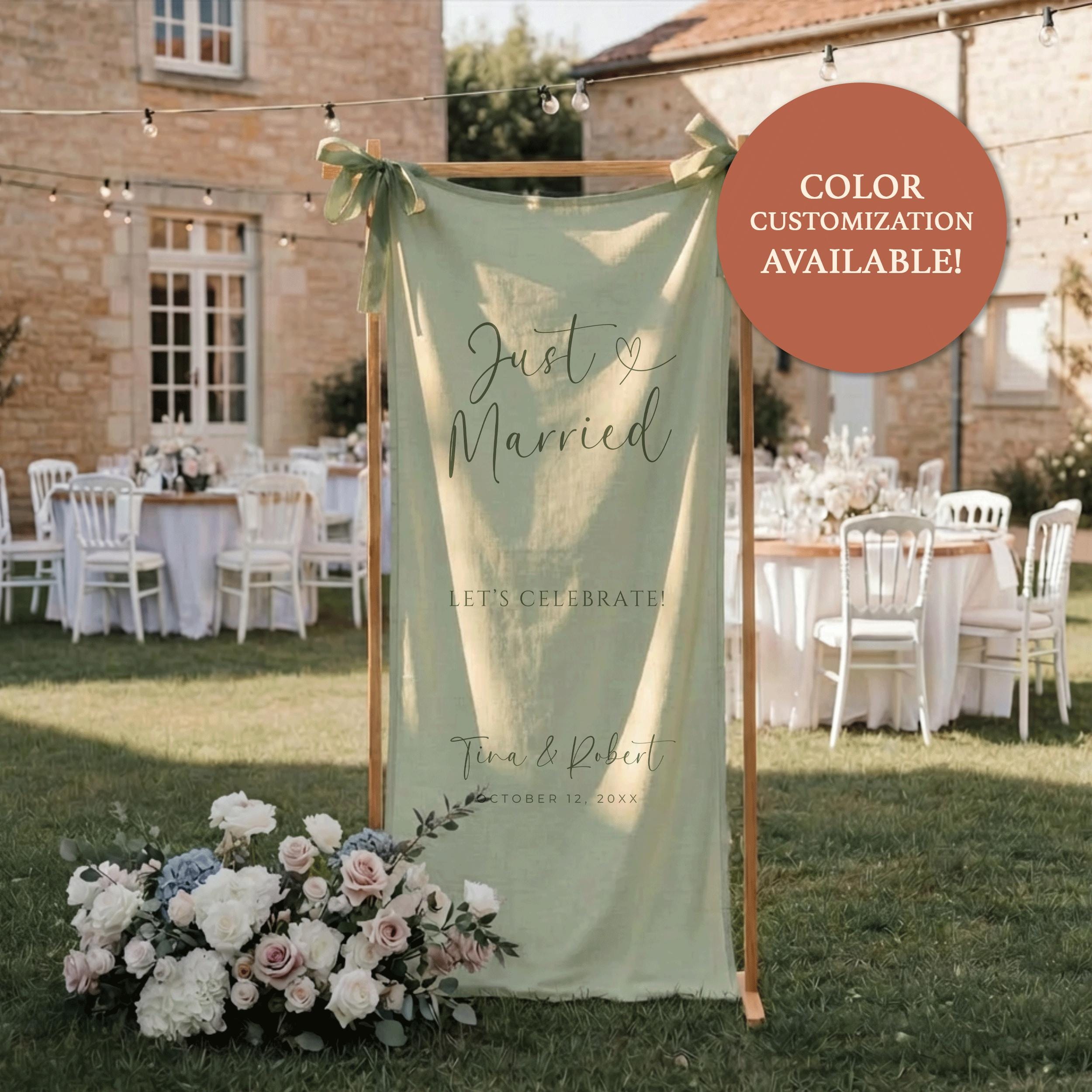 Personalized Just Married Linen Wedding Banner, Rustic Wedding Reception Fabric Welcome Sign, Minimalist Offwhite After Party Decor