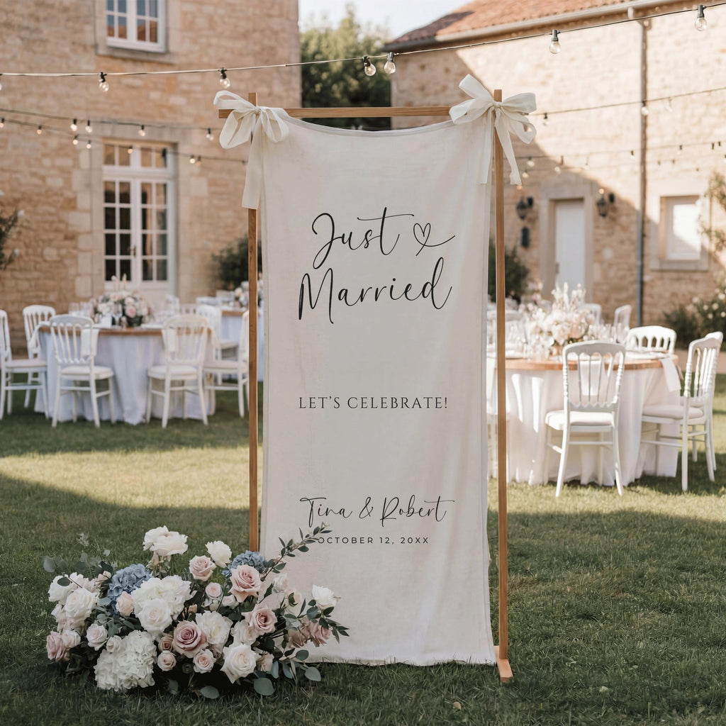 Personalized Just Married Linen Wedding Banner, Rustic Wedding Reception Fabric Welcome Sign, Minimalist Offwhite After Party Decor