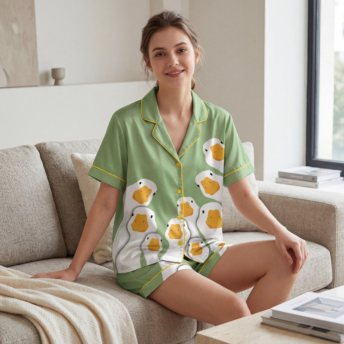 Duck Print Pajama Set Women, Tropical Summer Sleepwear Lounge Set