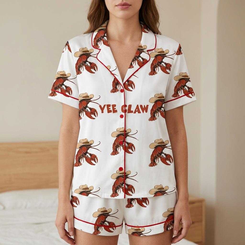 Women Cowboy Pajama Set, Funny Lobster Yee Claw Western Summer Outfit Gift