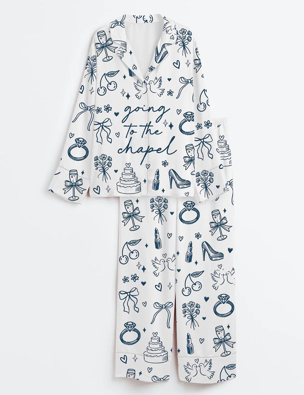 Going To The Chapel Bride Satin Pajama Set, Coquette Bachelorette Long Sleeve Pjs, Wedding Morning Loungewear, Personalized Bridal Gift