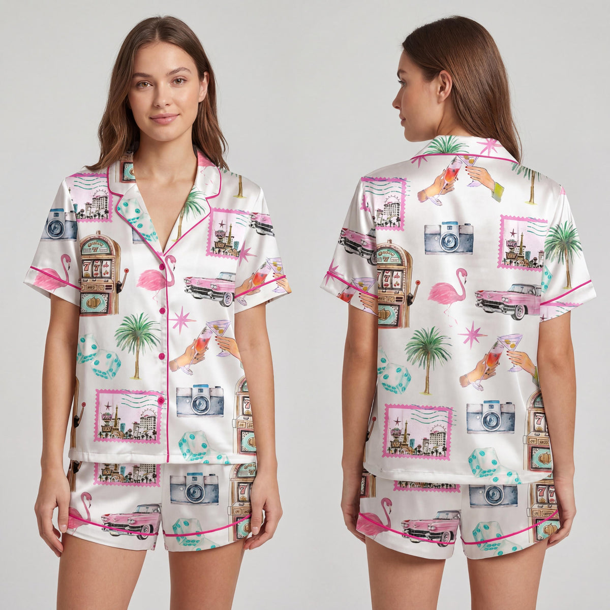 Las Vegas Bachelorette Satin Pajama Set Women, Flamingo Girls Trip Outfit