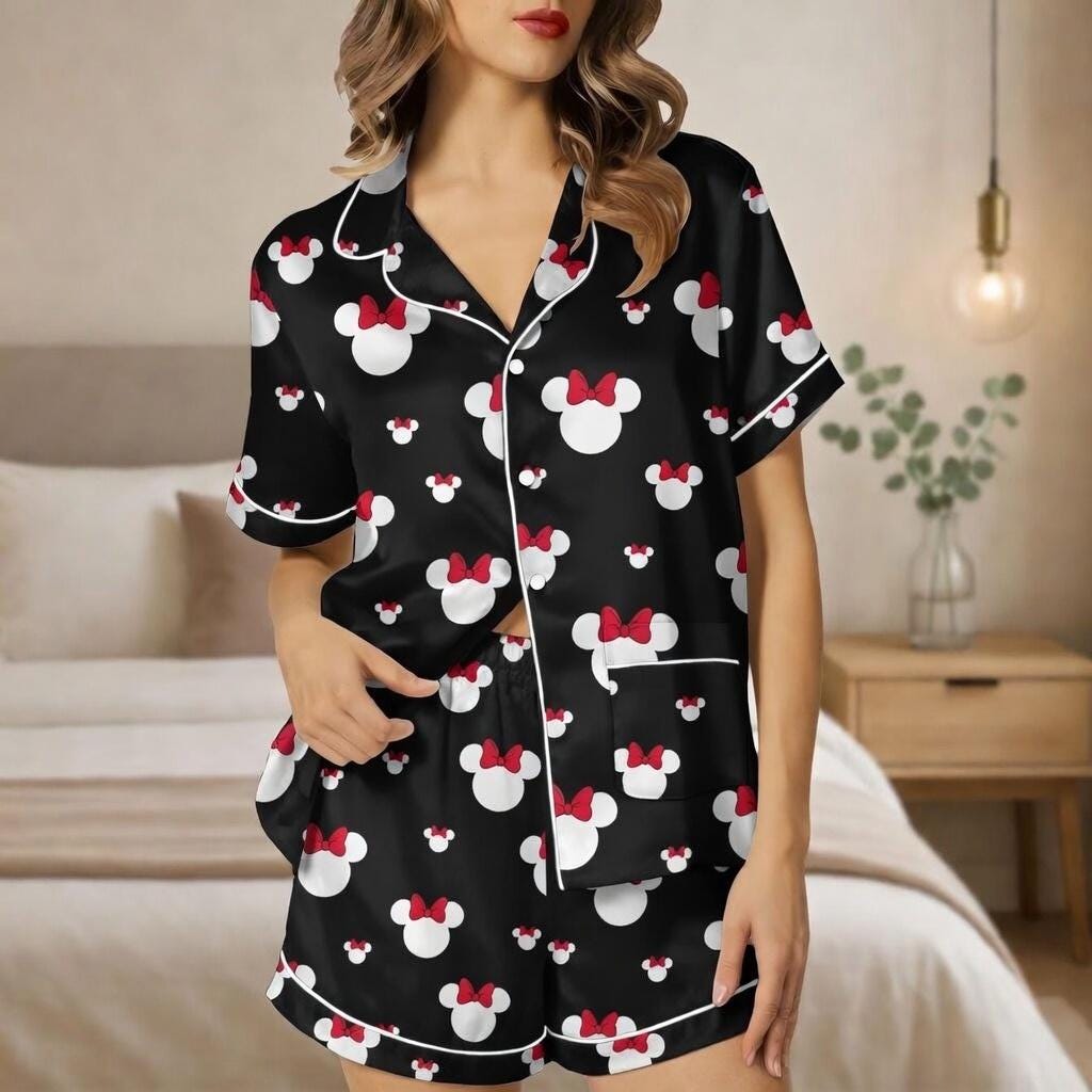 Minnie Mouse Satin Pajamas Set, Vintage Disney Cartoon Women Pjs, Cute Minnie Short Pajamas, Walt Disney World Shirt, Disneyland Gift
