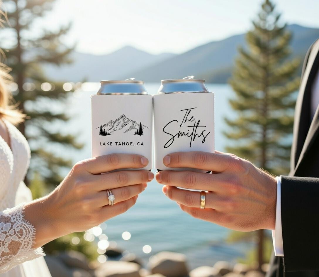Custom Mountain Design Can Cooler Wedding Favor Bulk | Personalized Name Date, Rustic Wedding Guest Gift, Anniversary Party Drink Sleeve