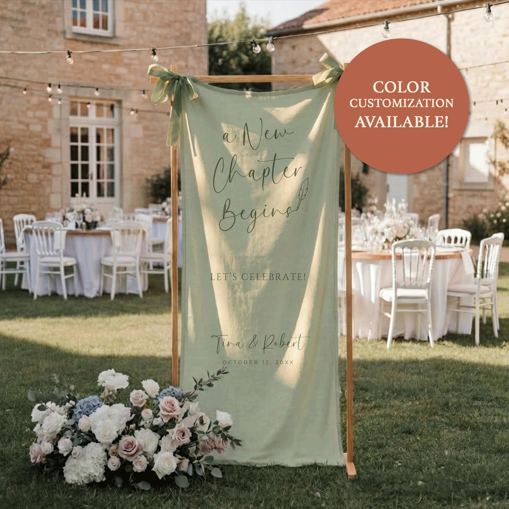 A New Chapter Begins Linen Wedding Banner, Custom Book Lover Fabric Wedding Welcome Sign, Personalized Reception and Engagement Party Decor