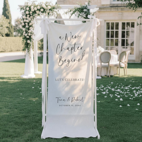 A New Chapter Begins Linen Wedding Banner, Custom Book Lover Fabric Wedding Welcome Sign, Personalized Reception and Engagement Party Decor