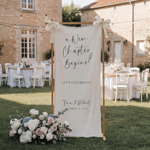 A New Chapter Begins Linen Wedding Banner, Custom Book Lover Fabric Wedding Welcome Sign, Personalized Reception and Engagement Party Decor