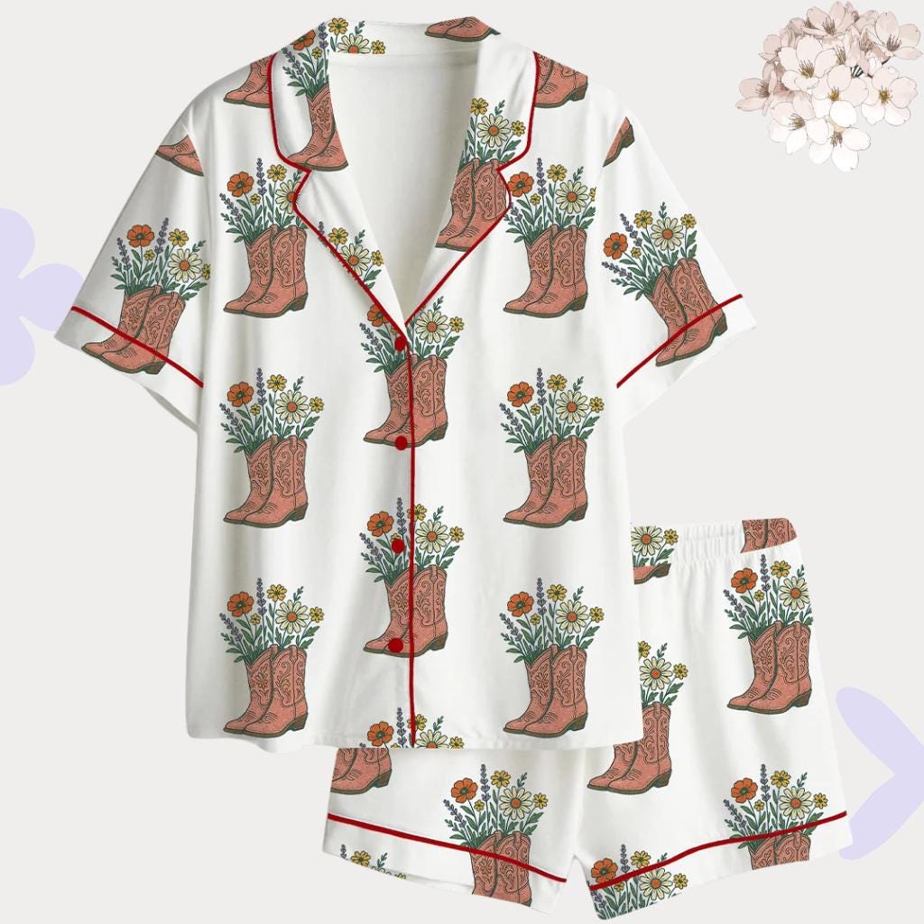 Cowboy Boot Pajamas – Western Floral Sleepwear Set – Bachelorette Party & Country Bridal Gift