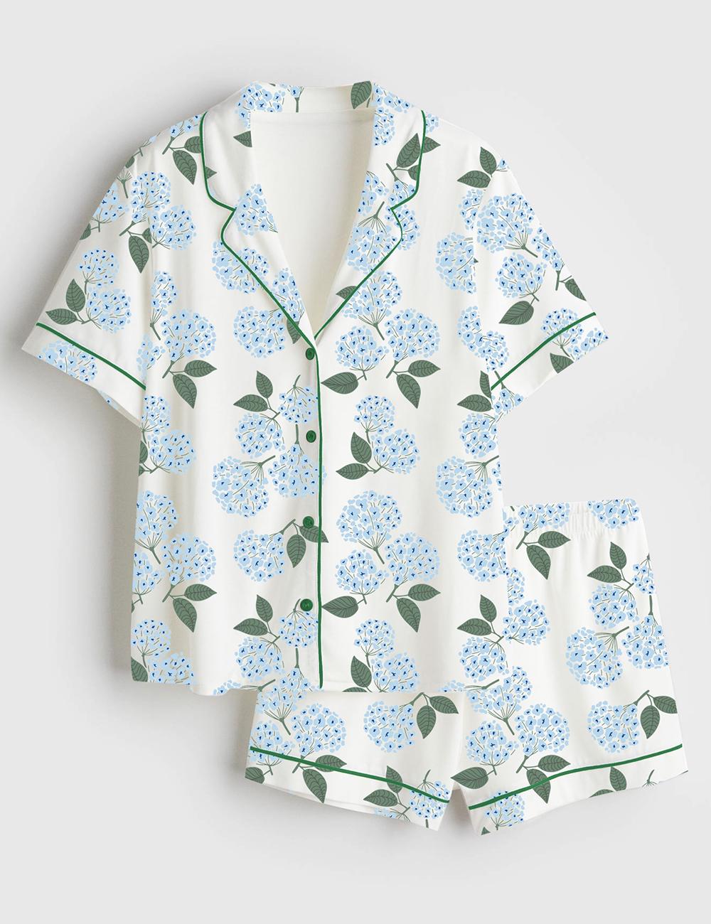 Blue Hydrangea Pajama Set Women Summer Sleepwear Floral Loungewear Soft PJs