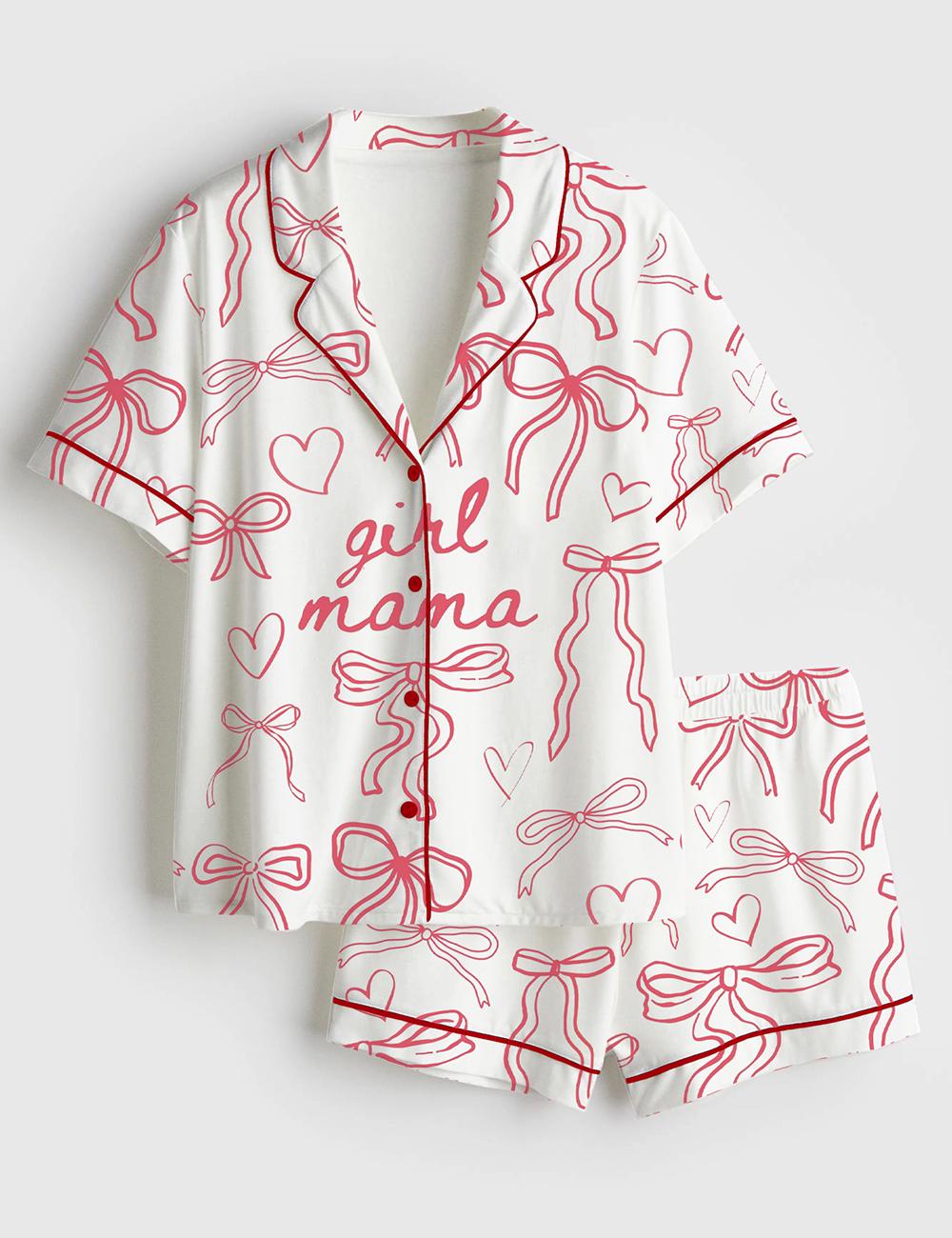 Girl Mama Pajama Set Women Summer Sleepwear Bow Heart Print Loungewear
