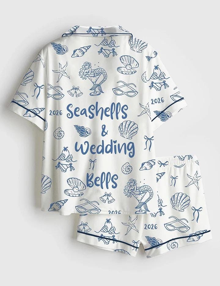 Seashells and Wedding Bells Pajamas, Mermaid Bride Long Sleeve PJs, Satin Beach Bachelorette Sleepwear, Tropical Bridal Party PJ Set, Silk