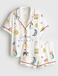 Whimsical Pajama Set Women Summer Sleepwear Beach Loungewear Mermaid Coastal Print
