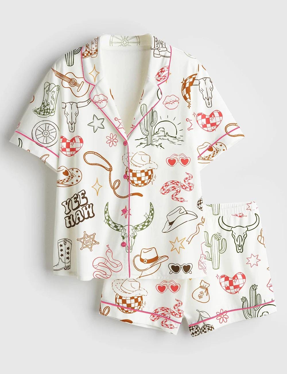 Wild West Disco Satin Pajama Set, Retro Cowgirl Boots PJs, Space Cowgirl Bachelorette Gift, Silky Short Sleeve Western Wear, Pink Disco PJs