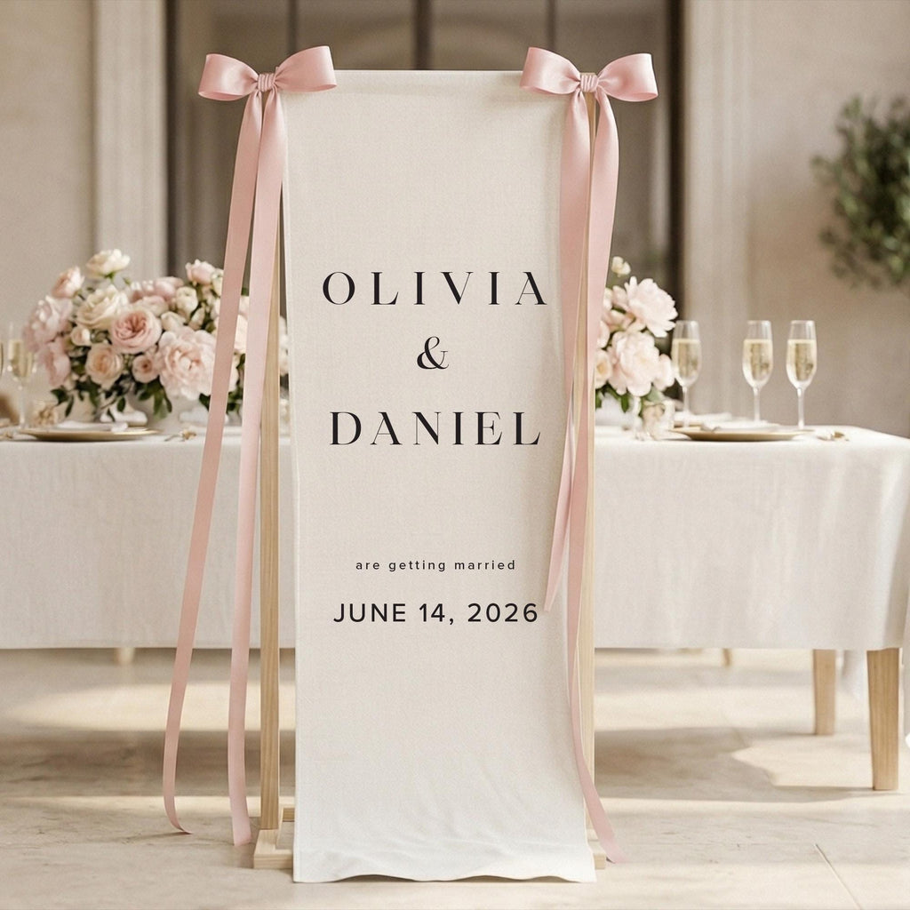 Neutral Wedding Welcome Sign, Linen Fabric Banner, Minimal Bridal Decor