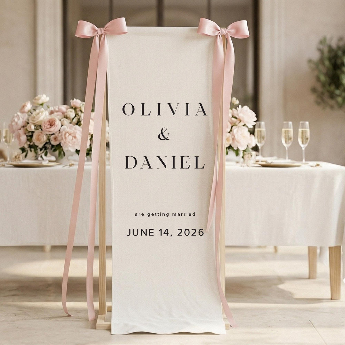 Neutral Wedding Welcome Sign, Linen Fabric Banner, Minimal Bridal Decor