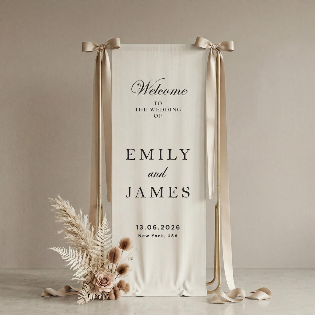Neutral Wedding Welcome Sign, Linen Fabric Banner, Minimal Bridal Decor